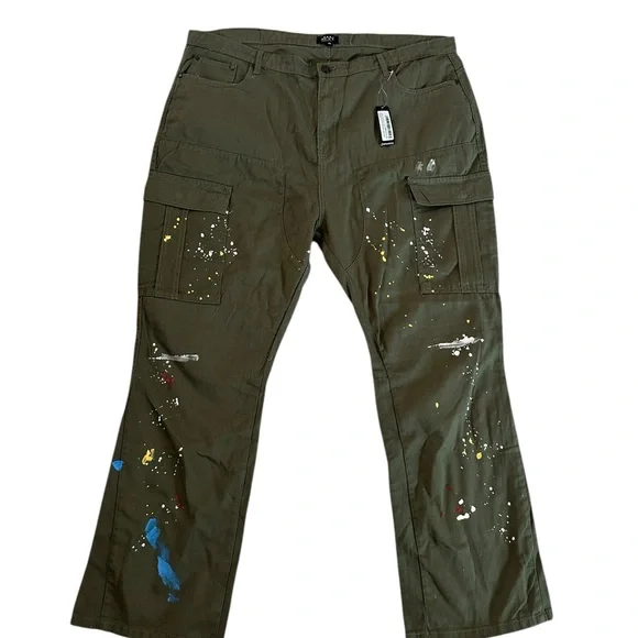 Boohoo Man Plus Slim Flare Gusset Paint Splatter Green Cargo Trouser Pants Sz 46 - Picture 3 of 16